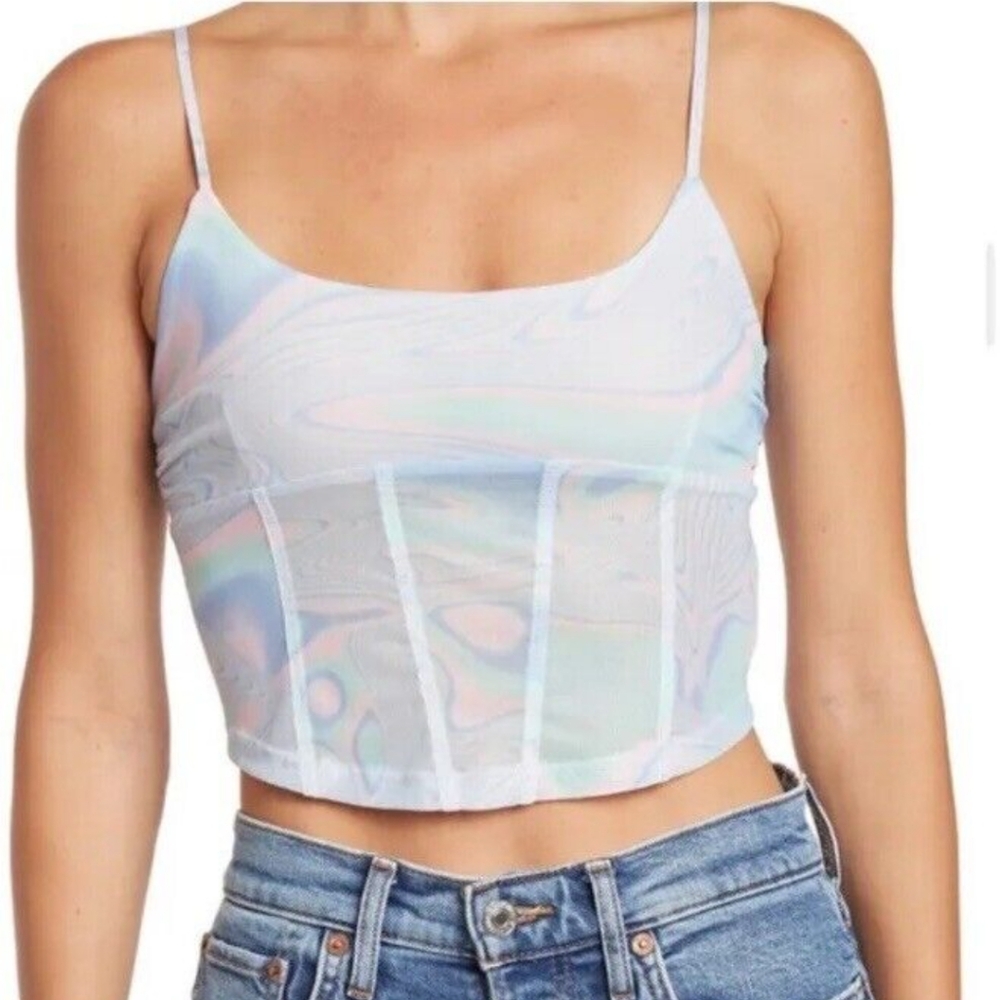 Elodie cropped cami with corset boning detail, adjustable straps, and pastel tie
